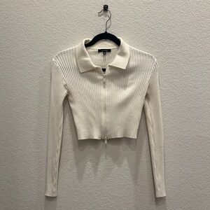 Love Tree Cream Ribbed Zip Polo Top